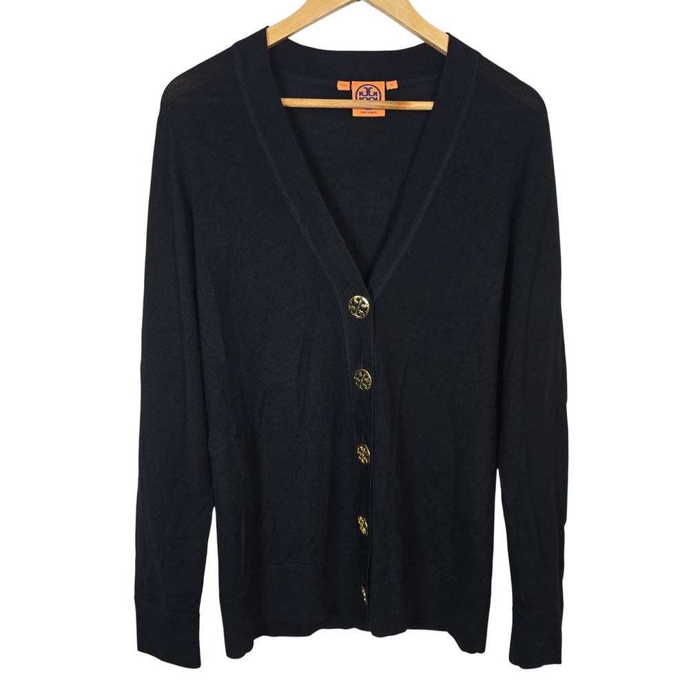 Tory Burch Black Merino Wool V-Neck Cardigan Gold Logo Buttons XL